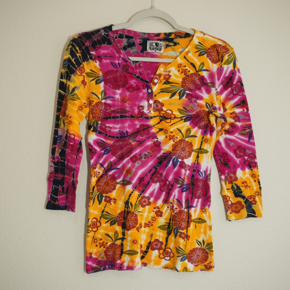 Vintage Lucky Brand Size Medium Tie Dye Floral Waffle Knit Henley Top 3/4 Sleeve